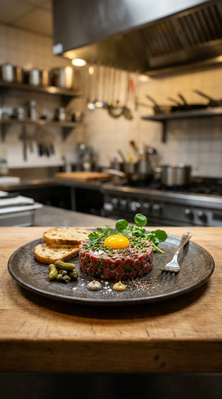 A plate of steak tartare topped with a raw egg yolk, garnished with herbs and chopped chives, served with toasted bread, pickles, and mustard on a wooden countertop in a restaurant kitchen.