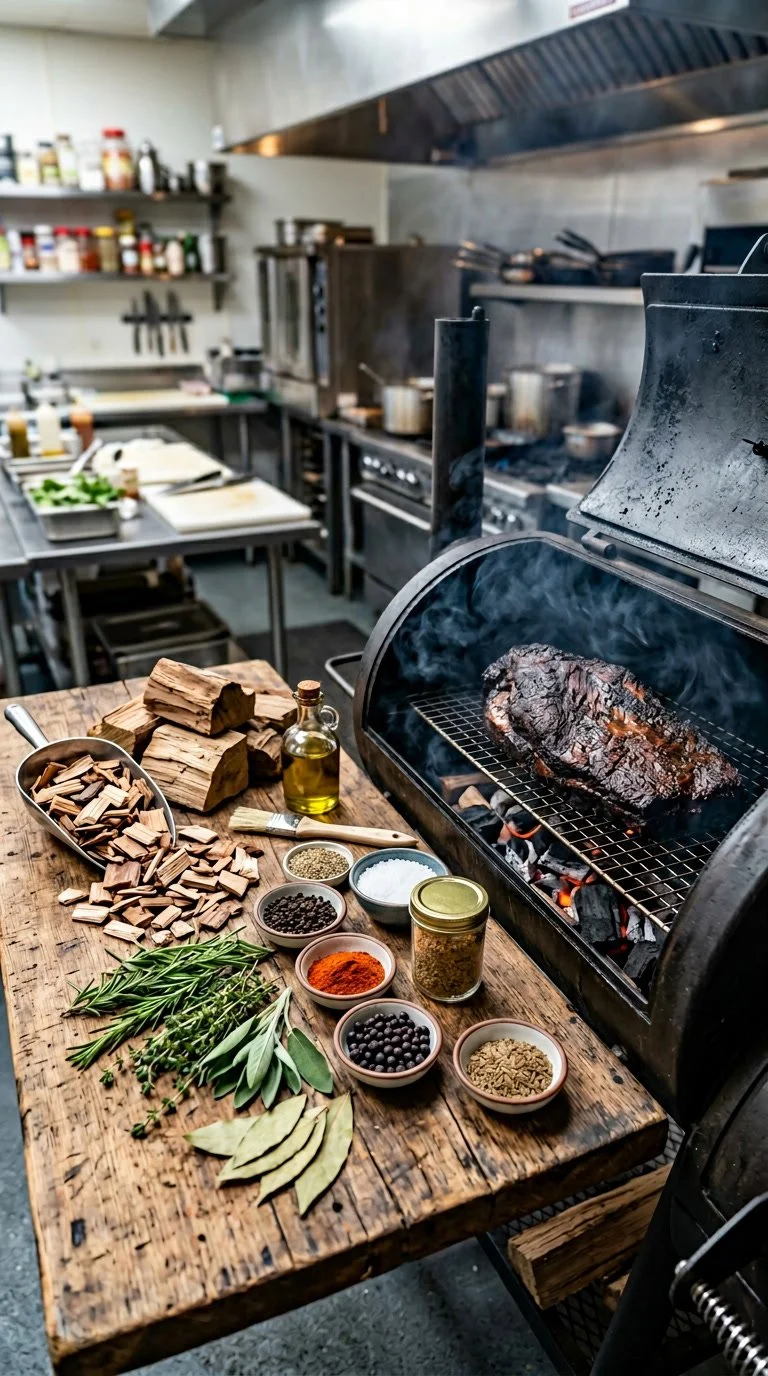 A smoked meat on a grill with various herbs, spices, and cooking ingredients on a wooden table in a professional kitchen.