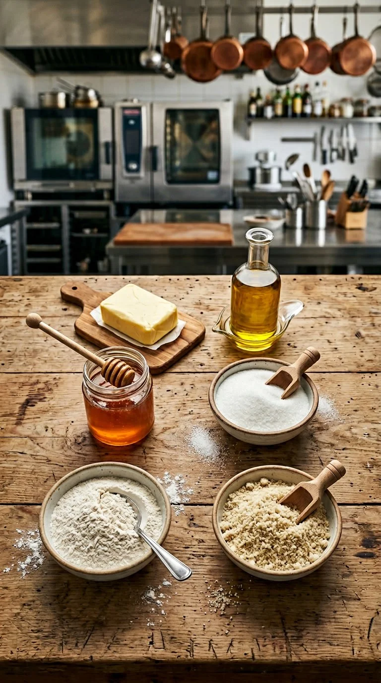 A rustic wooden kitchen table with baking ingredients including flour, sugar, honey, butter, and oil, with a honey dipper resting in the honey jar. In the background, there are copper pots hanging from a rack and modern kitchen appliances.