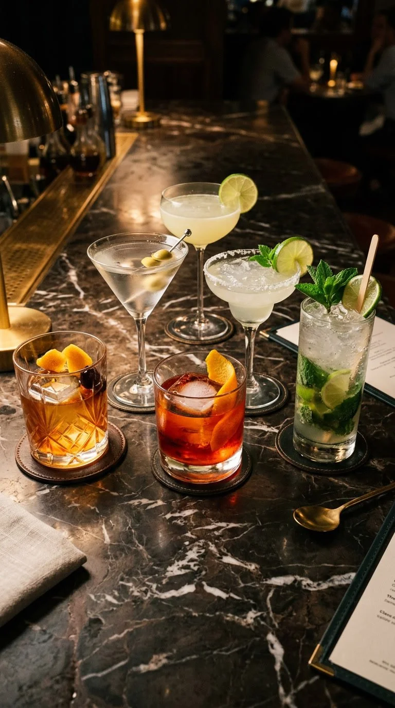 Six cocktails on a dark marble bar counter, garnished with citrus slices and mint, in a dimly lit bar setting.