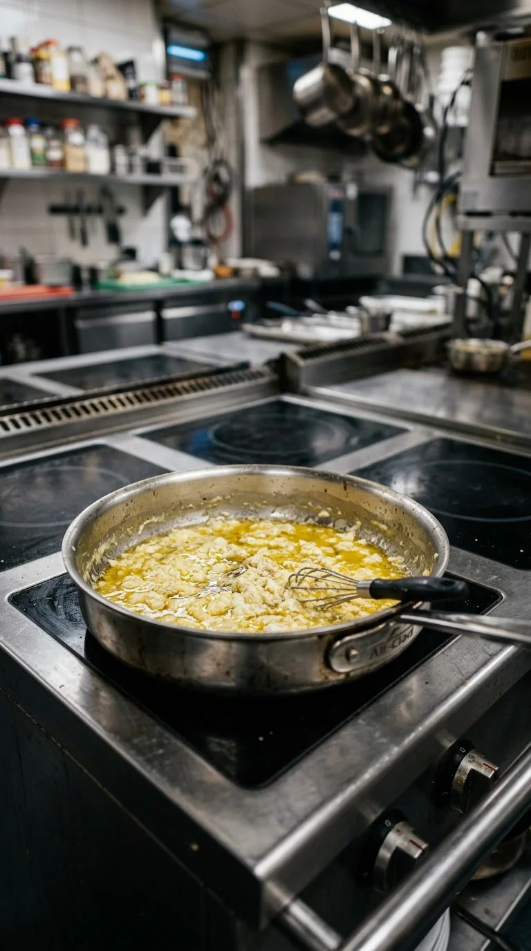 Frying scrambled eggs in a stainless steel pan on a commercial stove in a professional kitchen.