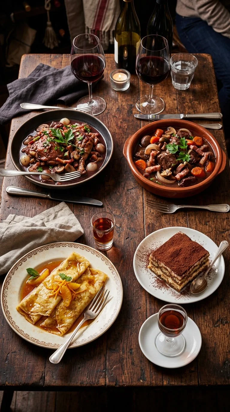 A rustic wooden table set with two glasses of red wine, a glass of water, a small candle, and two bottles of wine. There are two main dishes: one with cooked beef, mushrooms, and pearl onions in a dark sauce, and the other with beef, carrots, and vegetables in a brown sauce. Additionally, there is a plate of cannelloni with a yellow sauce garnished with orange peel and mint, and a slice of tiramisu with cocoa powder on top. Silverware and small glasses of red liqueur are also on the table.