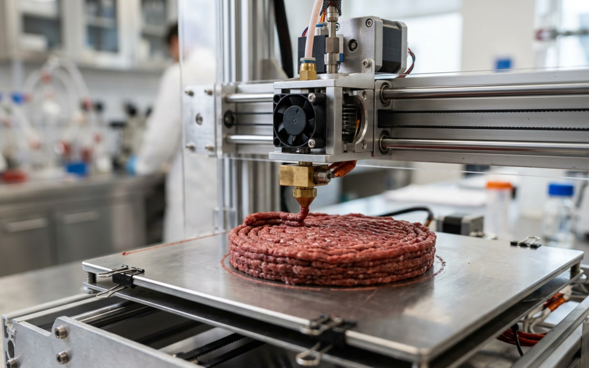Robotic machine making hamburger patties in a laboratory or food manufacturing setting.