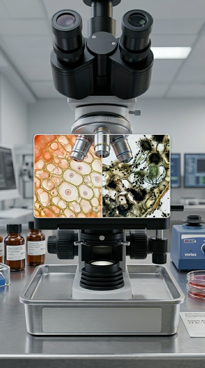 Microscope on lab table viewing slides with images of cellular structures and mold.