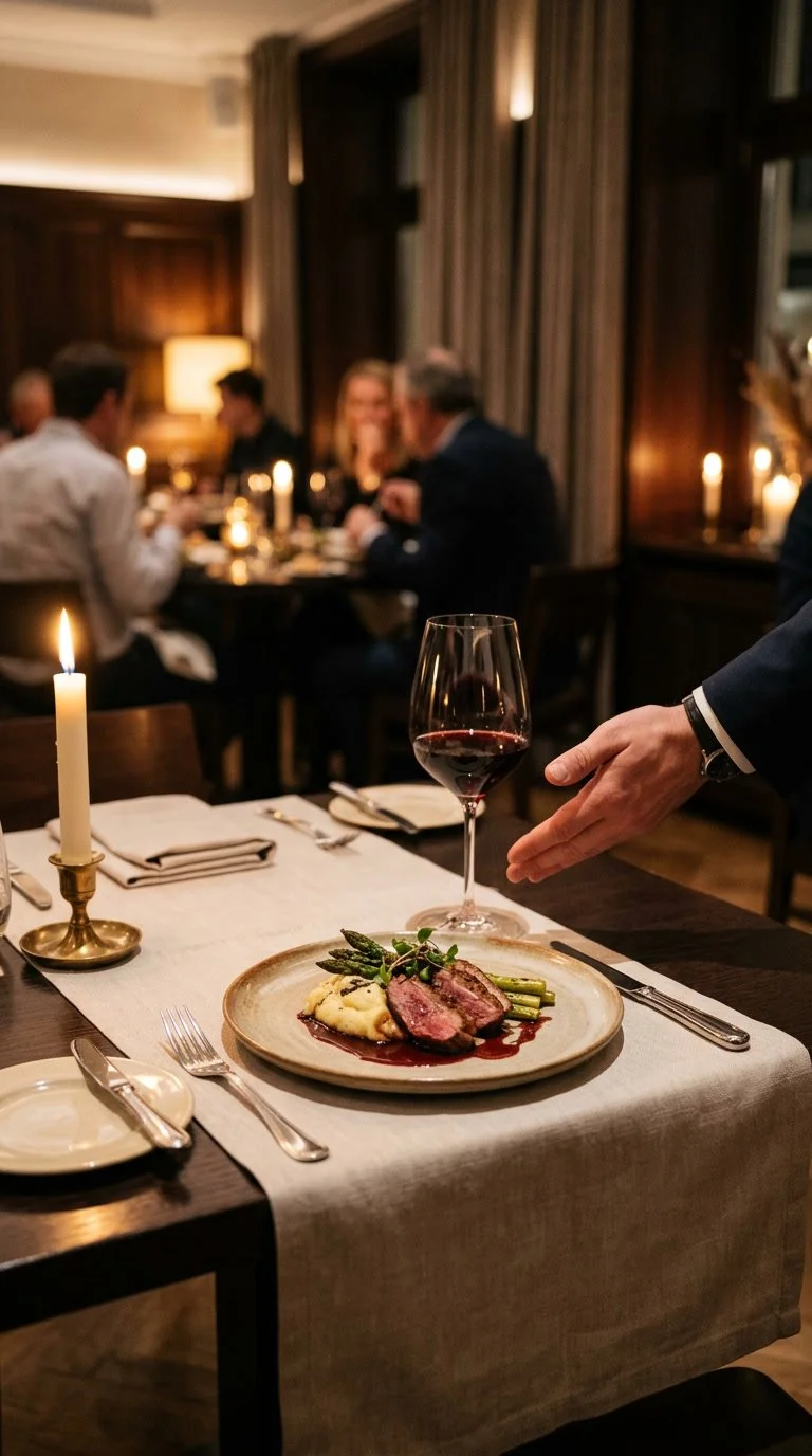 A restaurant table with a lit candle, a glass of red wine, and a plated meal of beef, mashed potatoes, and asparagus. Guests are dining in the background.