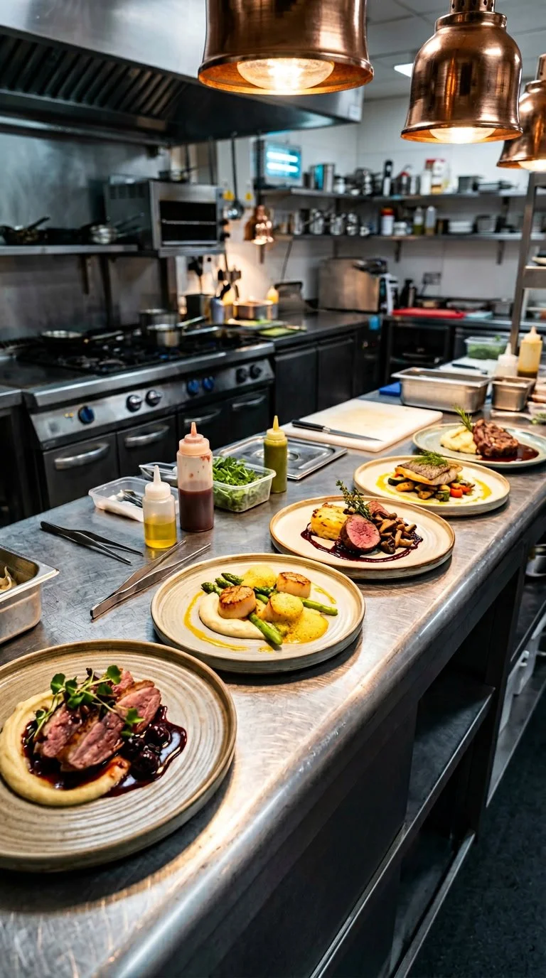 Several plated gourmet dishes on a stainless steel kitchen counter in a professional kitchen.
