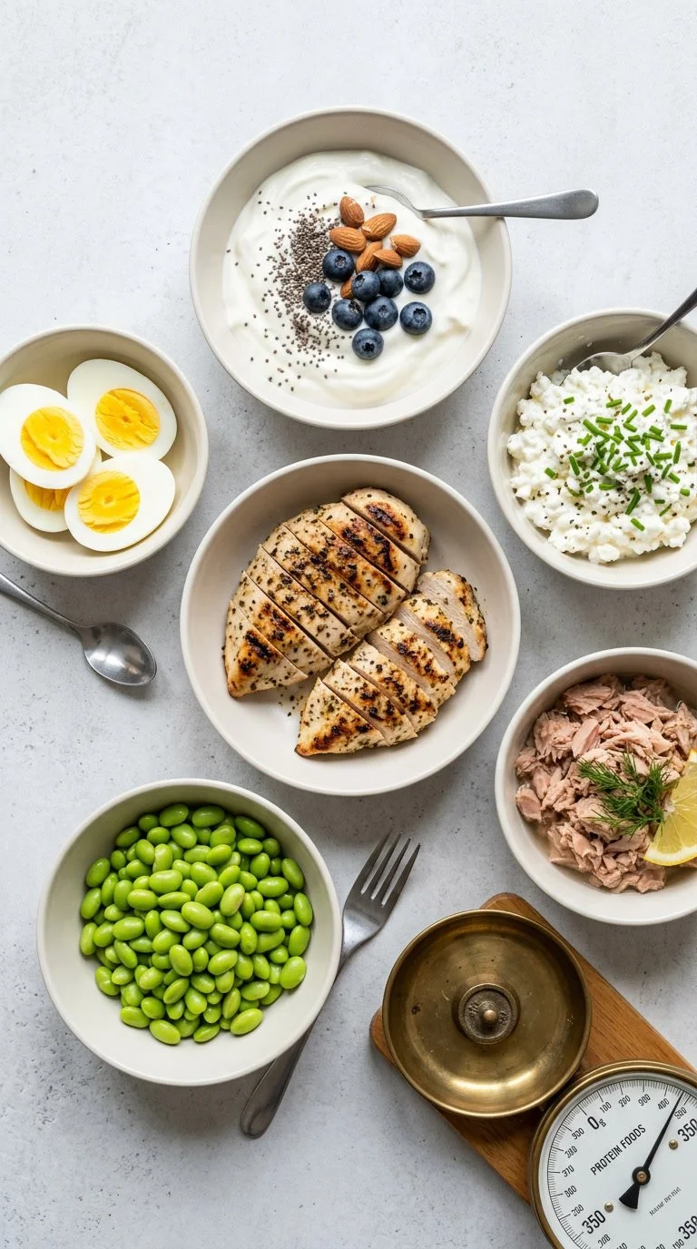 A variety of protein and healthy food options includes sliced grilled chicken breast, a bowl of creamy yogurt with blueberries, almonds, and chia seeds, a bowl of cottage cheese with chopped chives, a sliced hard-boiled egg, canned tuna with lemon and dill, and a bowl of green edamame.