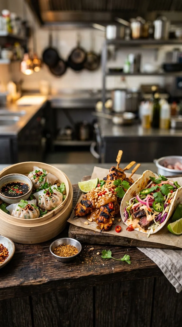 A variety of Asian dishes on a rustic wooden table, including dumplings with soy sauce, grilled skewers garnished with lime, and beef tacos with vegetables and cilantro, with kitchen utensils in the background.