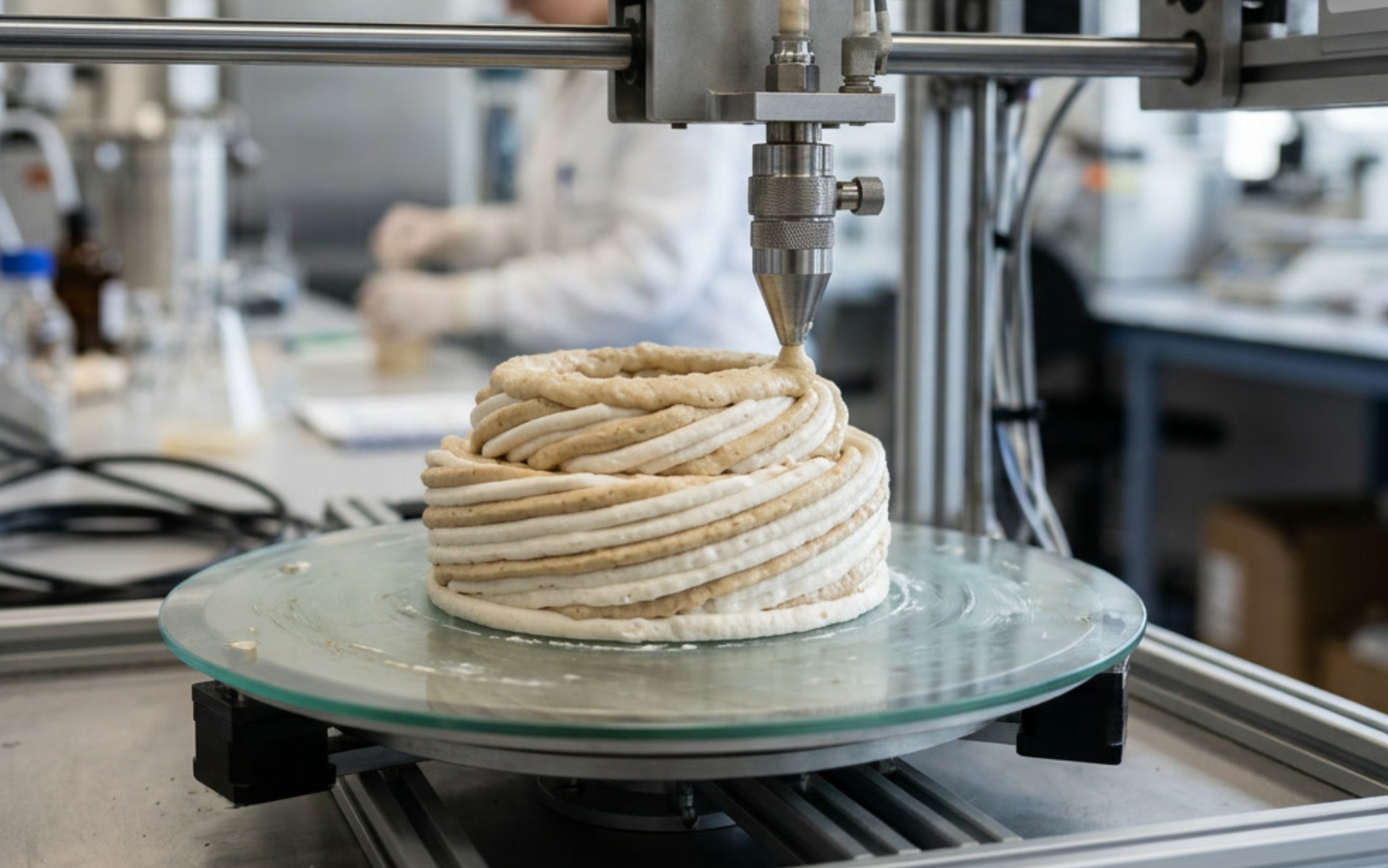 A culinary robot applies a cream filling to a layered pastry cake on a glass turntable in a modern commercial kitchen.