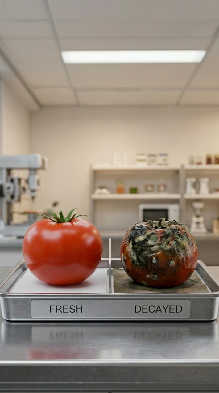 Comparison of a fresh tomato and a decayed tomato on a metal tray labeled 'FRESH' and 'DECAYED' in a lab setting.