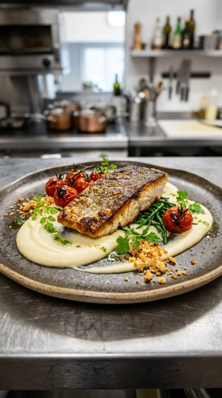 A plated dish with a piece of crispy skin fish, cherry tomatoes on the vine, green beans, mashed potatoes, garnished with parsley, and sprinkled with crumbs on a dark plate in a restaurant kitchen.