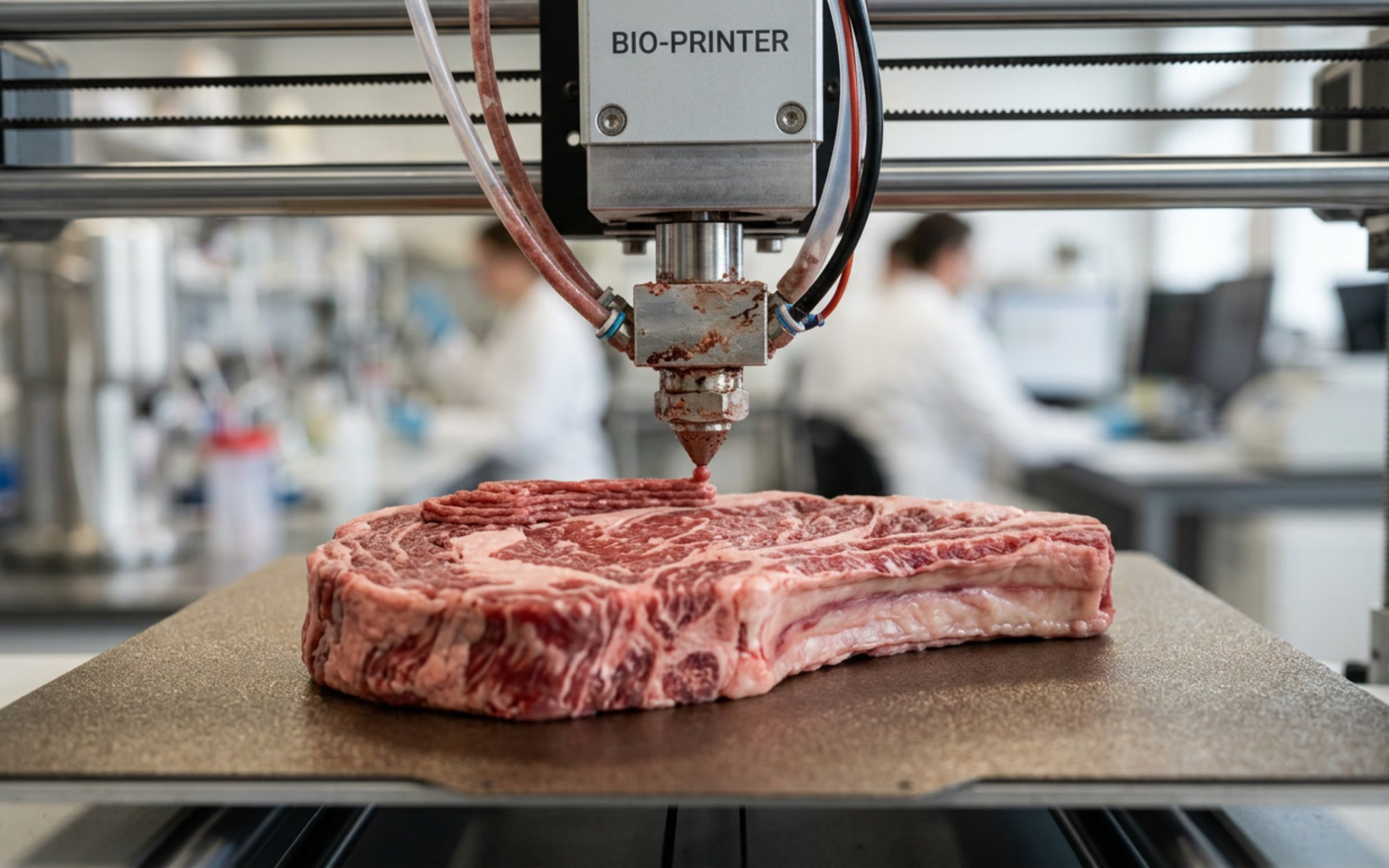 A robotic arm levitates a slice of raw beef with marbling at a meat processing facility, with workers and equipment visible in the background.