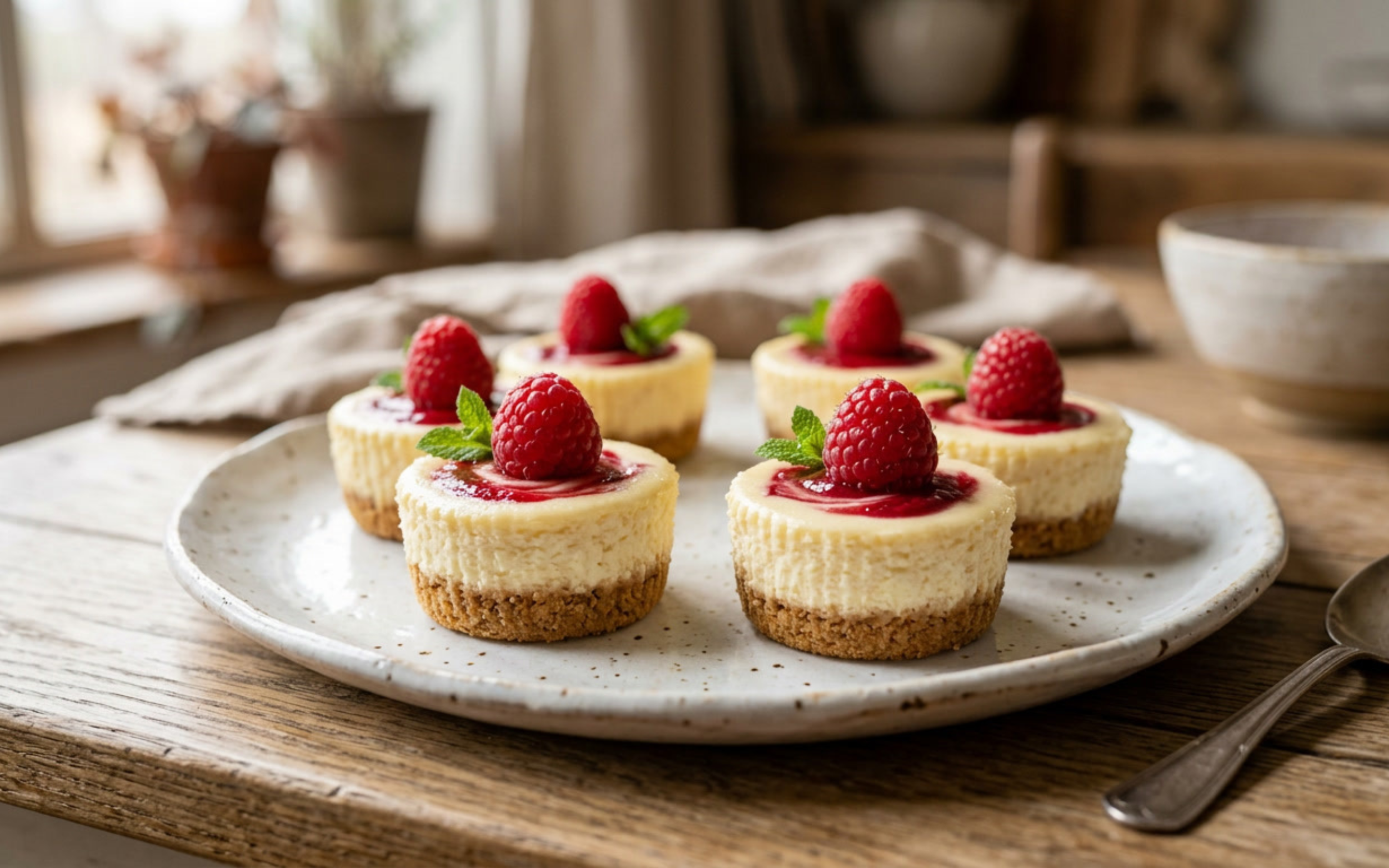 Six mini cheesecakes topped with raspberries and mint on a white plate.