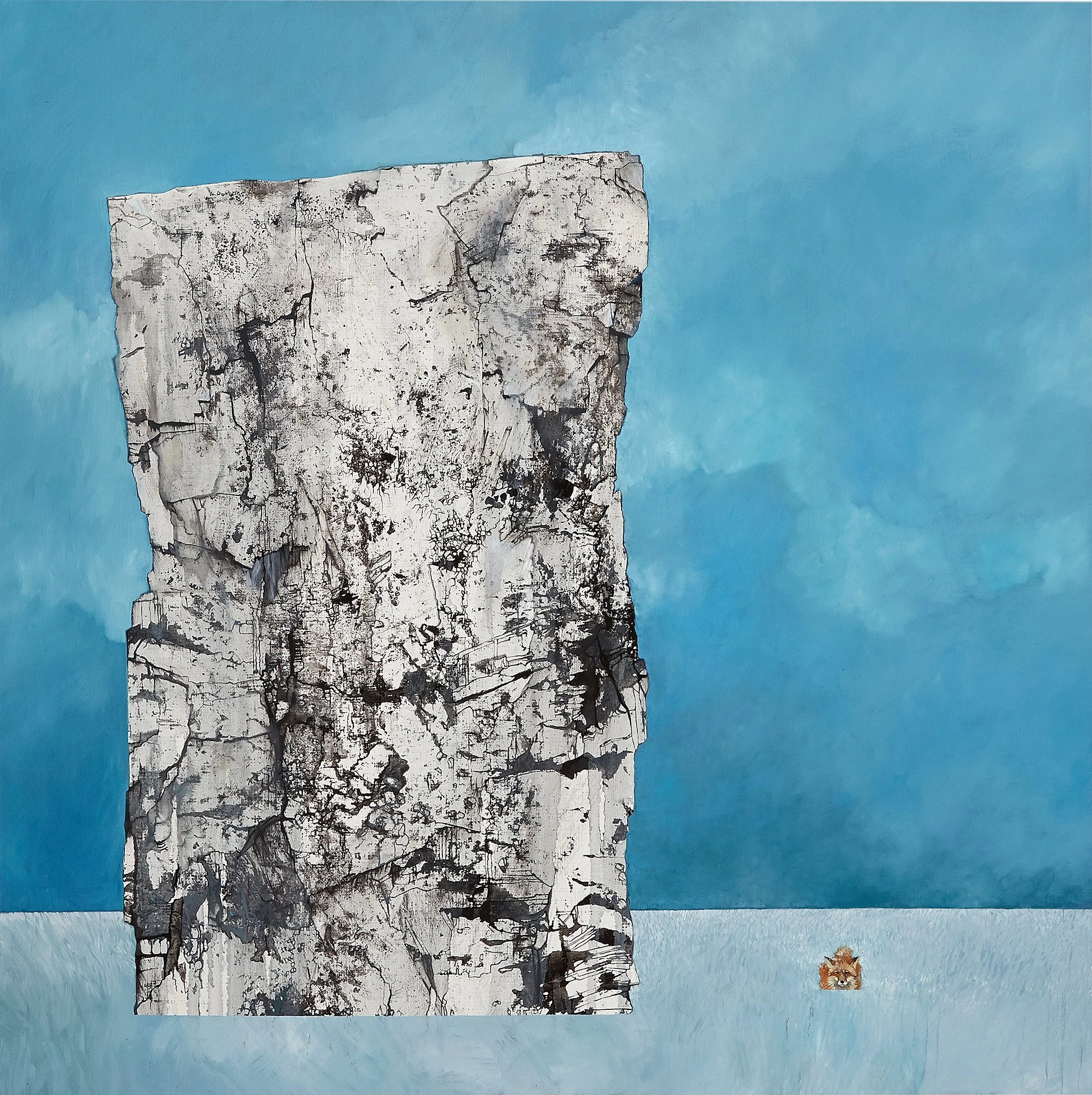 A surreal painting of a tall, cracked, monolithic stone structure standing alone in a flat, white landscape under a blue sky with clouds. A small, detailed lion's face is at the base of the structure.