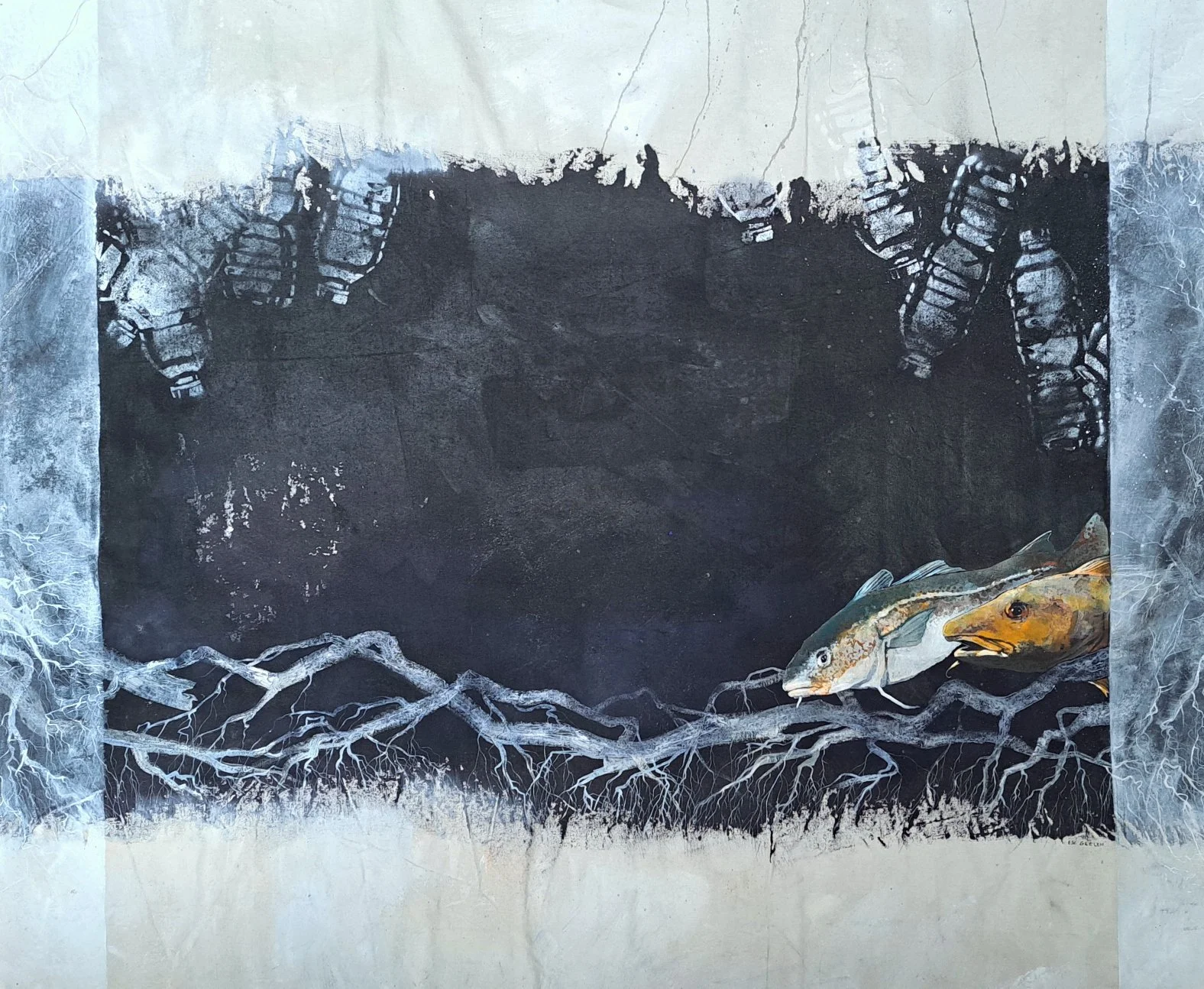 A cross-section of soil with roots, two fish, and handprints painted on a black background in an art piece.