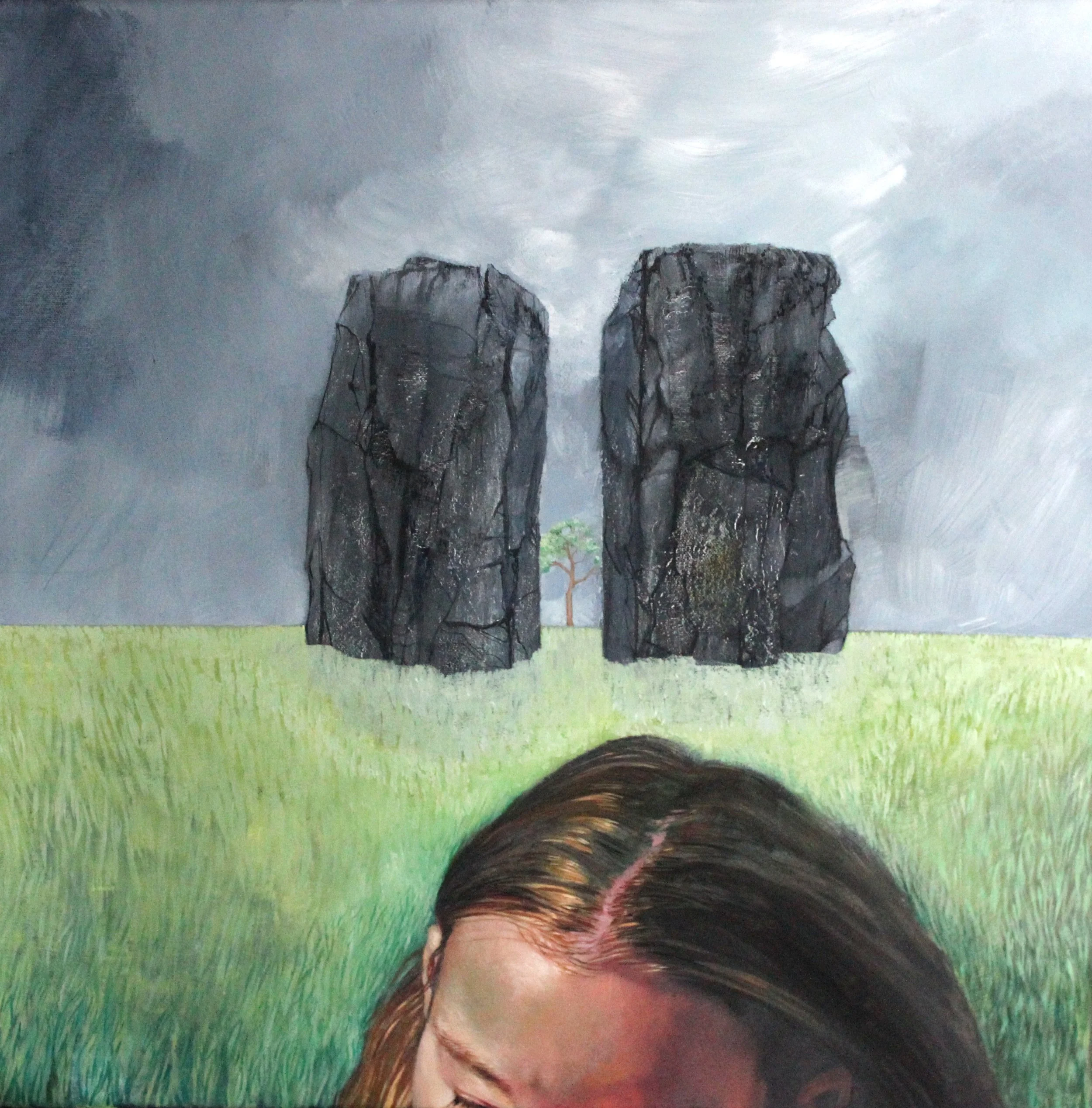 A realistic painting of a young girl with brown hair and closed eyes in the foreground, with two large dark rock formations and a small tree in the background under a cloudy sky.
