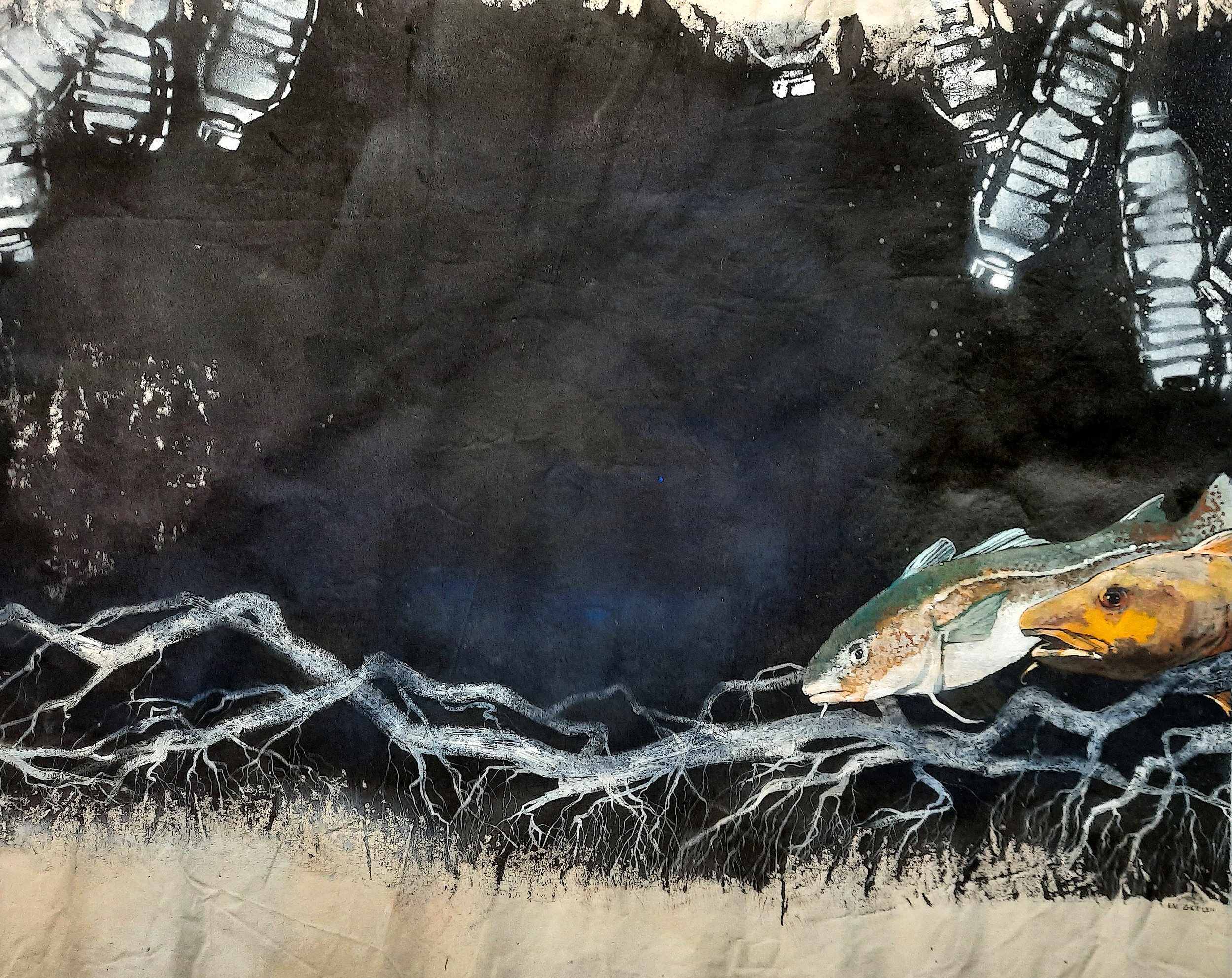 Artwork depicting fish and their roots in a dark aquatic environment with a black background, white roots, and brightly colored fish.