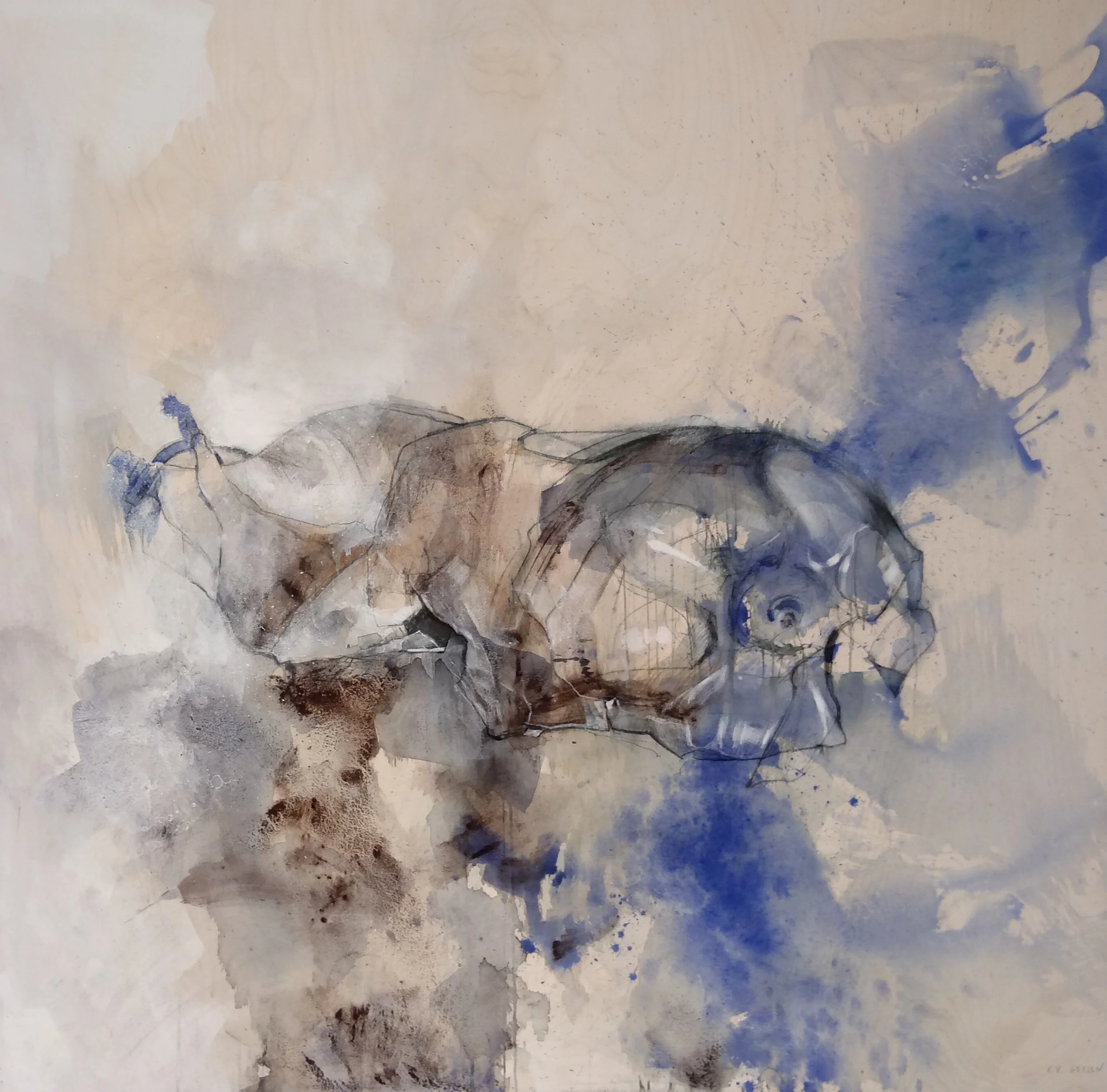 Abstract watercolor painting of a dog with loose lines and splashes of blue, brown, and beige colors.