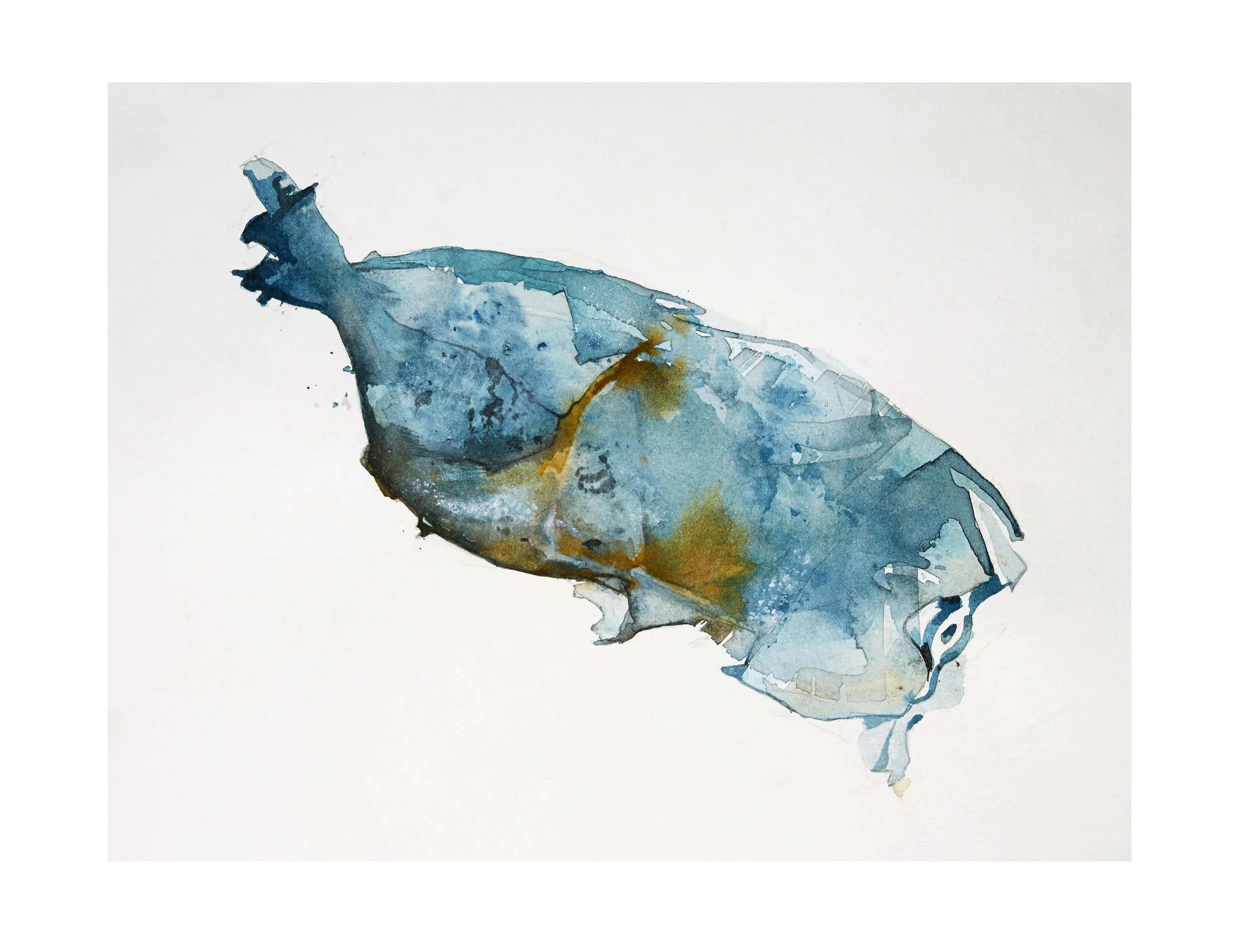 Watercolor painting of a heart in shades of blue with gold accents.