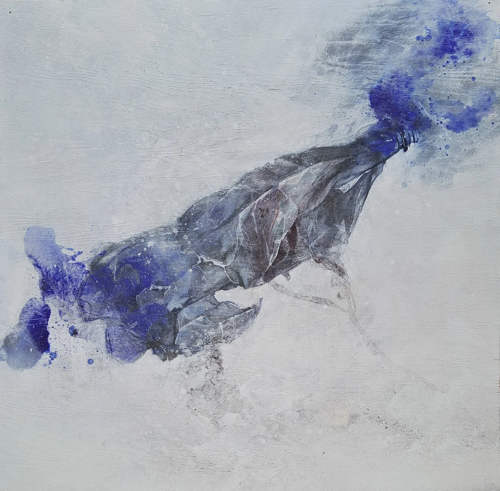 Abstract artwork of a crumpled plastic bottle with blue paint splashes coming out of its opening, on a light textured background.