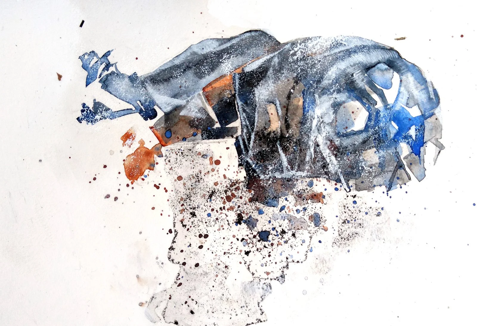 Watercolor painting of a person's profile with a large, abstract human skull over their head, blending into the portrait and creating a surreal effect.