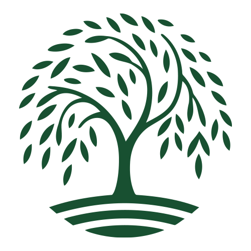 A stylized green tree with many leaves and curved branches on a black background.