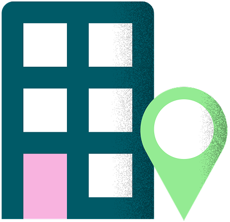 Illustration of an office building with a location pin