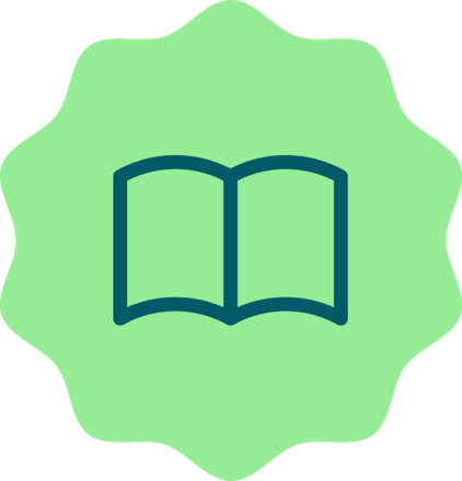 Sticker icon with an open book inside it to represent the weCB Fund guide