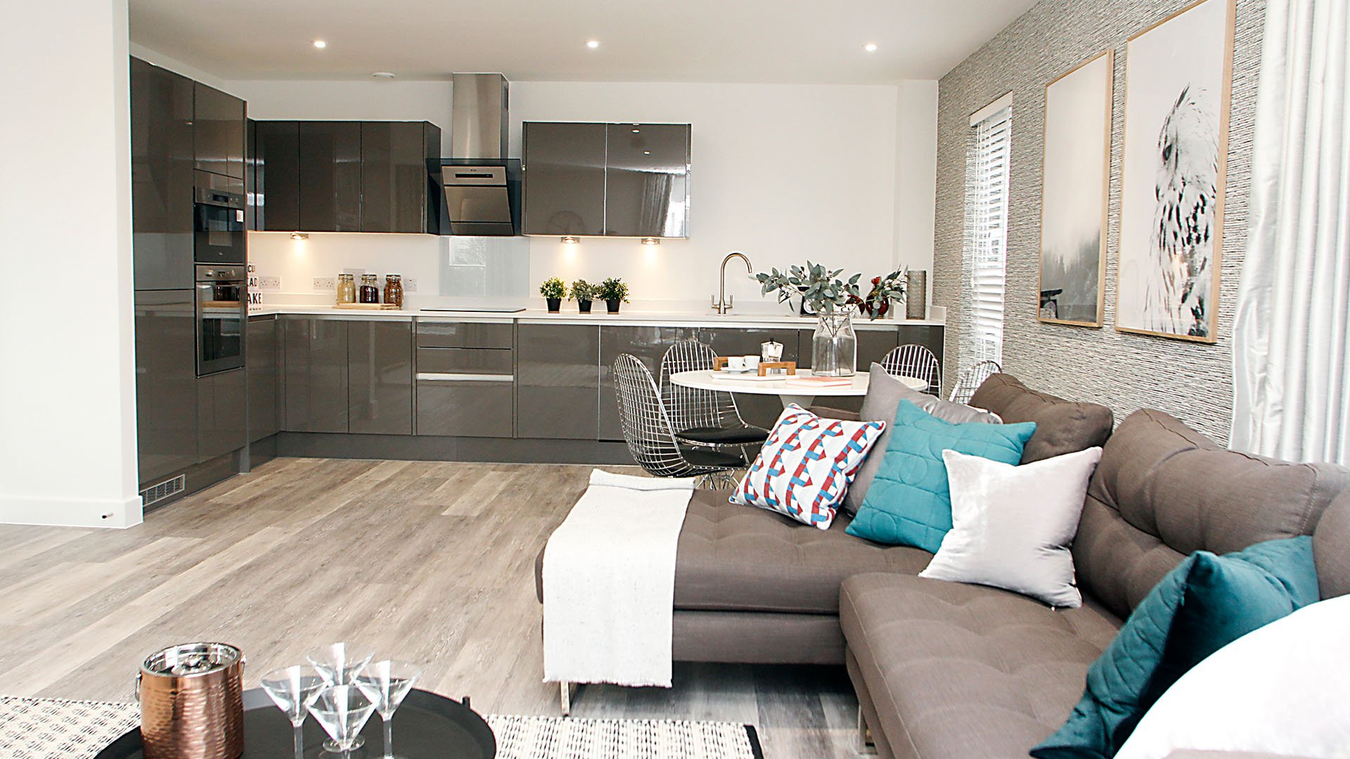 Furnished open-plan kitchen and living room at Eastern Gate