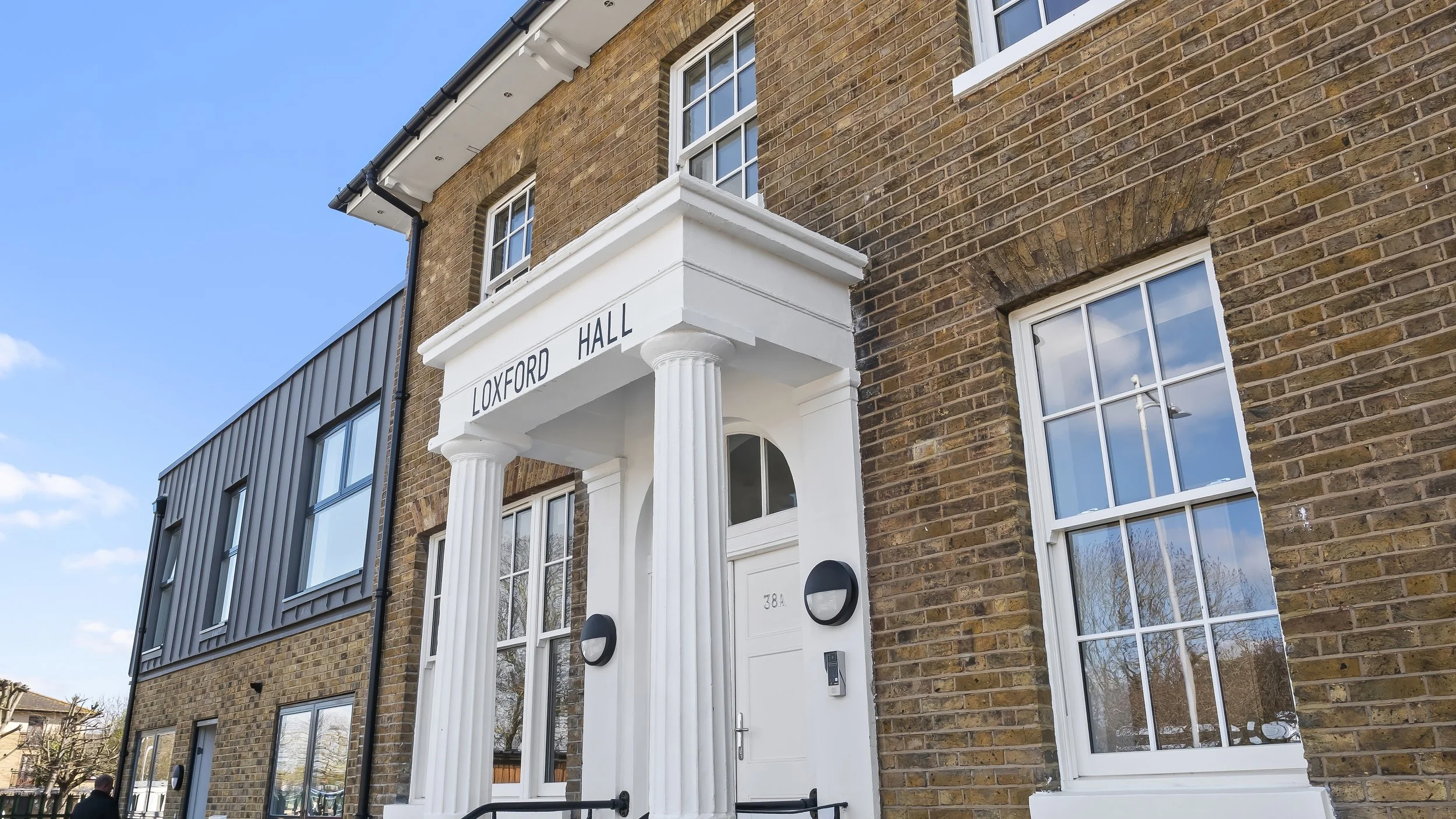 Restored columned entrance to Loxford Hall