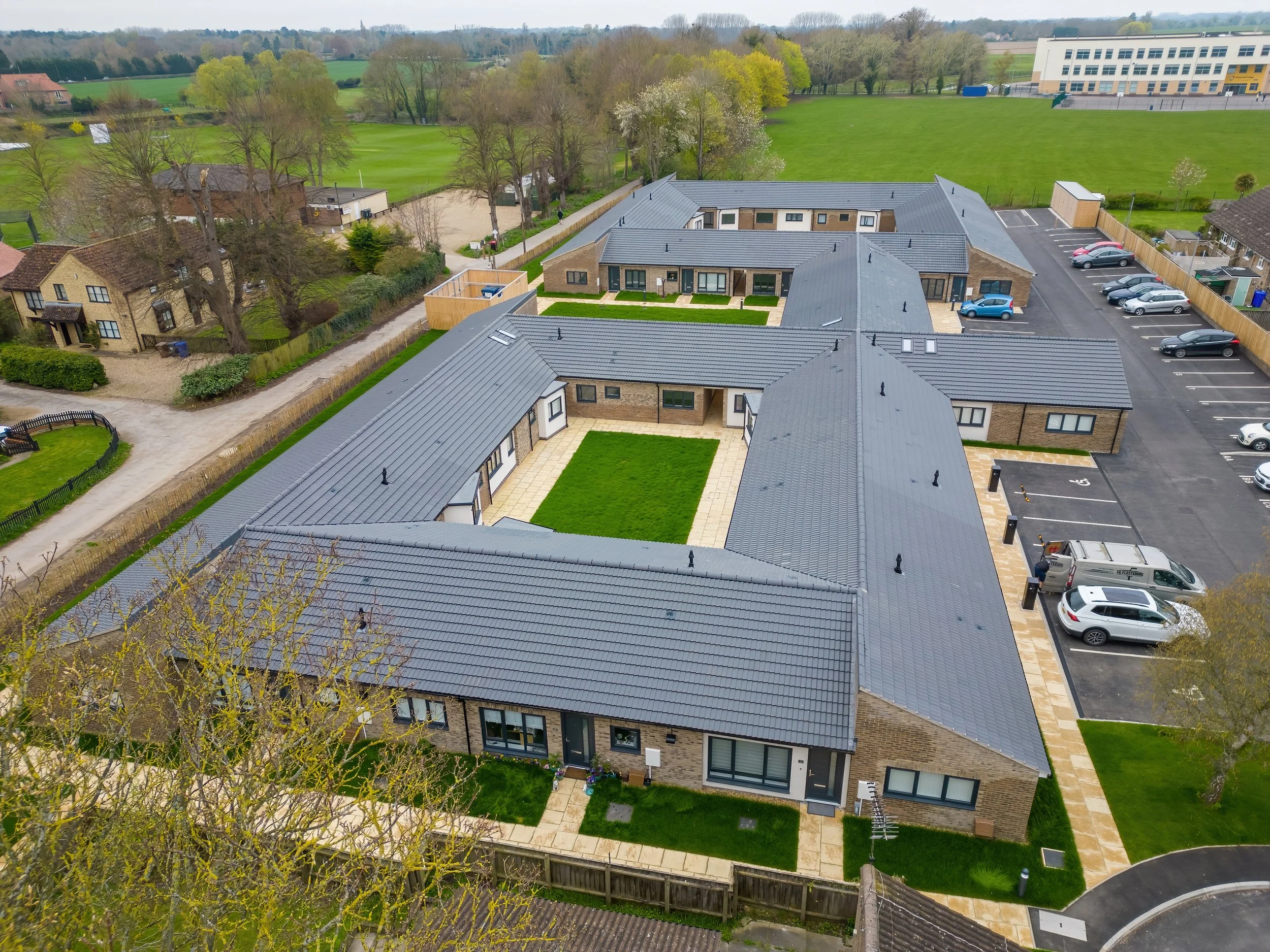 Aerial view of landscaped courtyards at Wamil Court