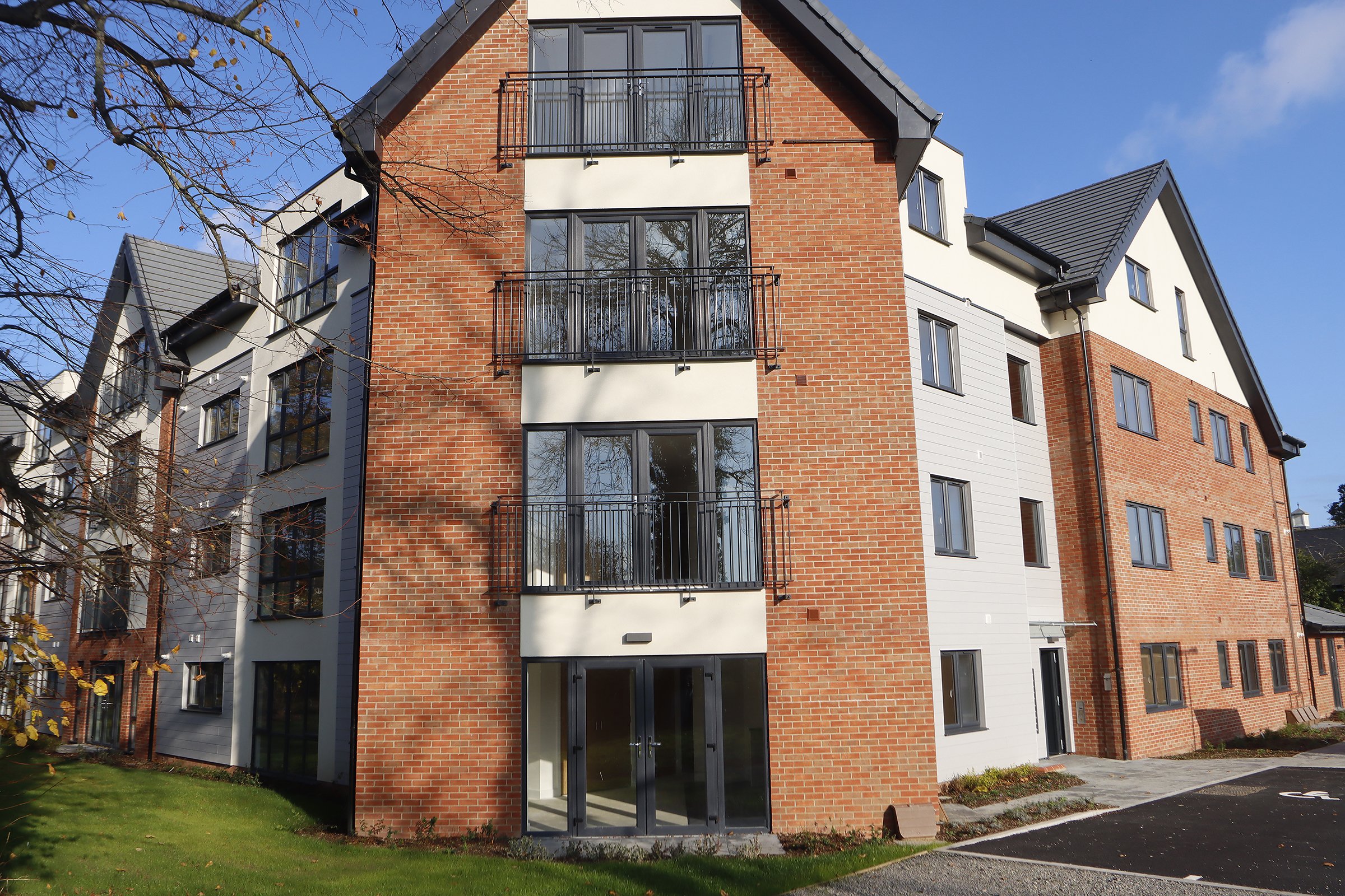 Corner view of the completed Wade House apartments