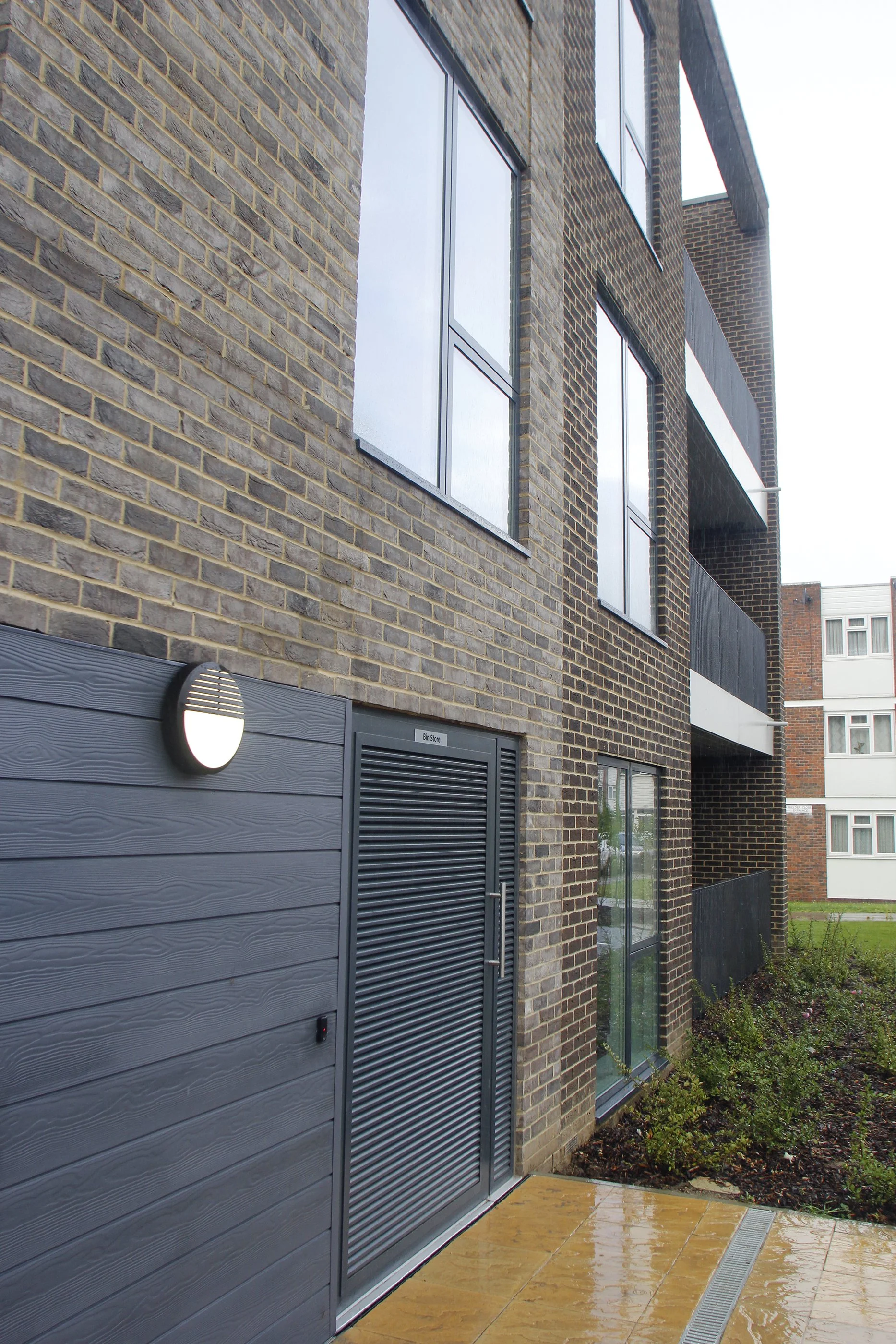 Brick façade and secure ground-floor entrance at Antler House