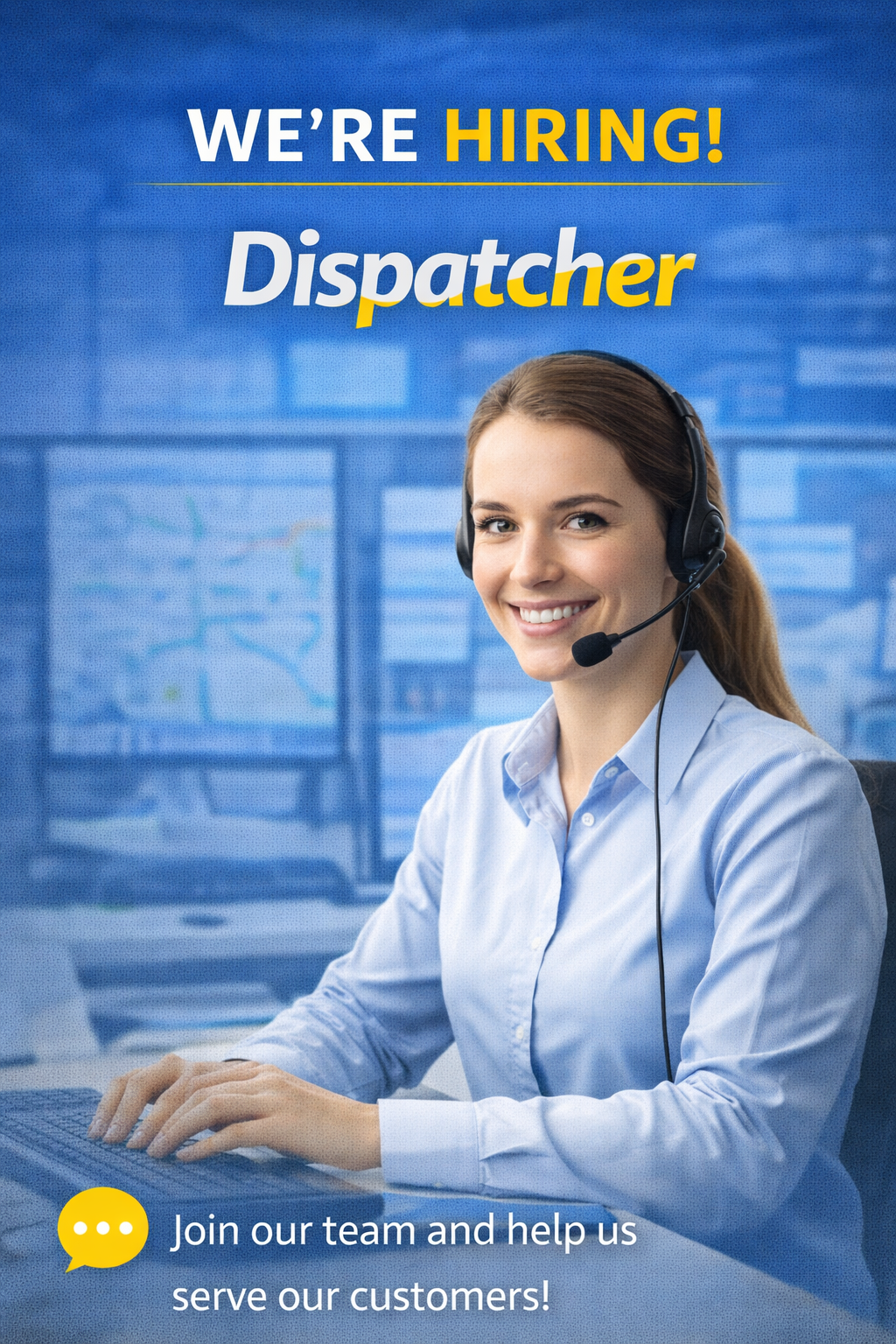 A smiling woman in a blue shirt with a headset at a computer in a customer service call center, with a blue background and the text 'We're Hiring! Dispatcher' at the top and a call for applicants at the bottom.