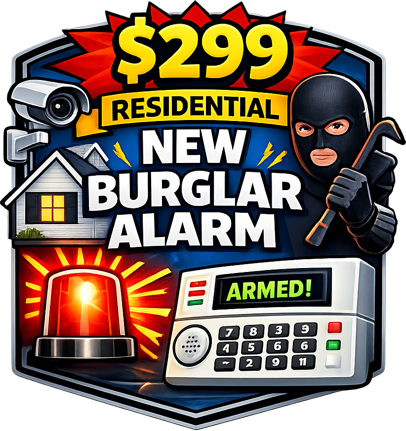 Advertisement for a residential burglar alarm system priced at $299, featuring a burglar in a ski mask holding an axe, a home security camera, a house, an alarm with flashing red lights, and a keypad with the word 'Armed!' on its display.