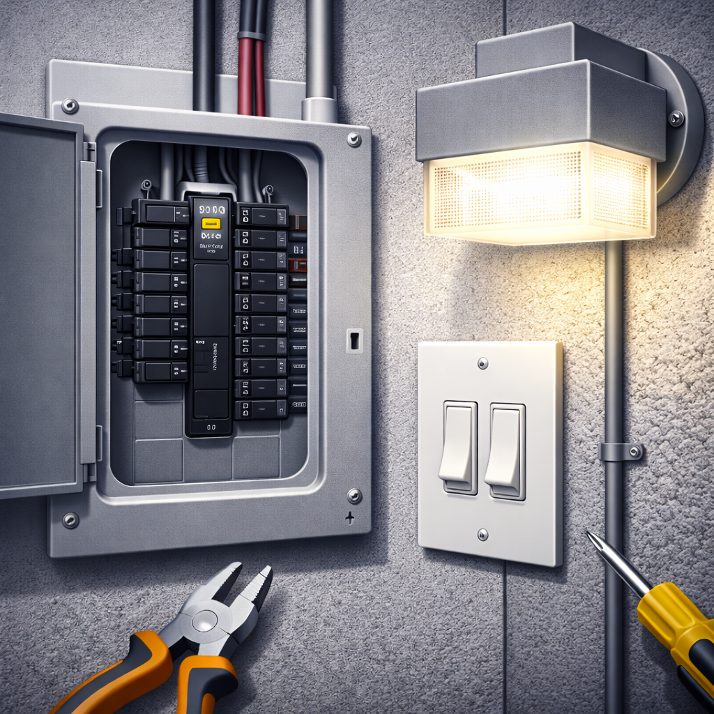 Electrical panel with circuit breakers on a gray wall, illuminated by a modern wall-mounted light fixture, with pliers and a screwdriver nearby.