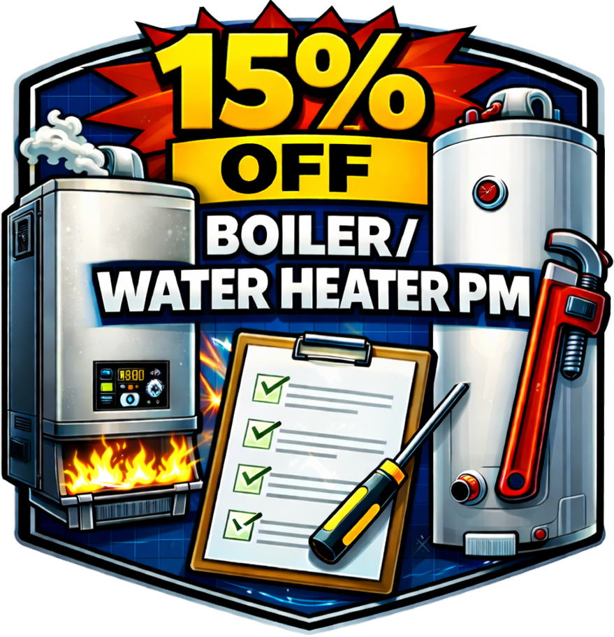 A promotional graphic advertising a 15% discount on boiler and water heater PM services, featuring illustrations of boilers, a checklist, and maintenance tools.