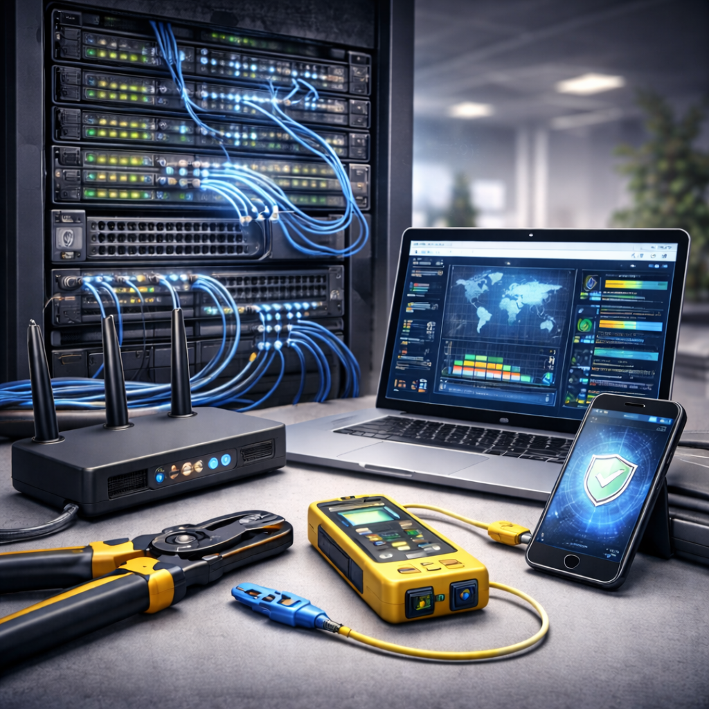 A server room with networking equipment, a laptop displaying data visualization, a smartphone with security icons, and testing tools.