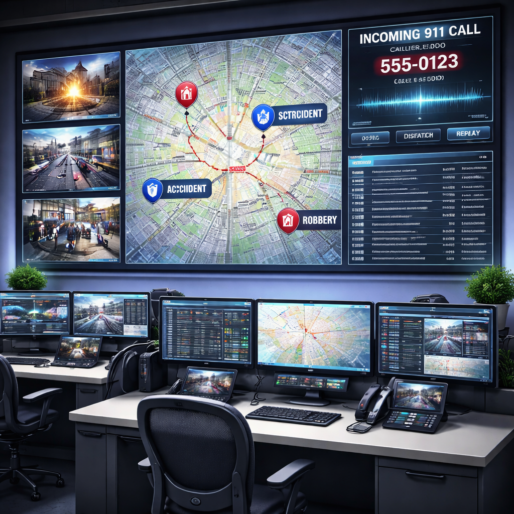A traffic control room with multiple monitors displaying city maps, traffic data, and surveillance footage, including a large wall screen showing a city map with incident and emergency icons, a 911 call alert, and a command interface.
