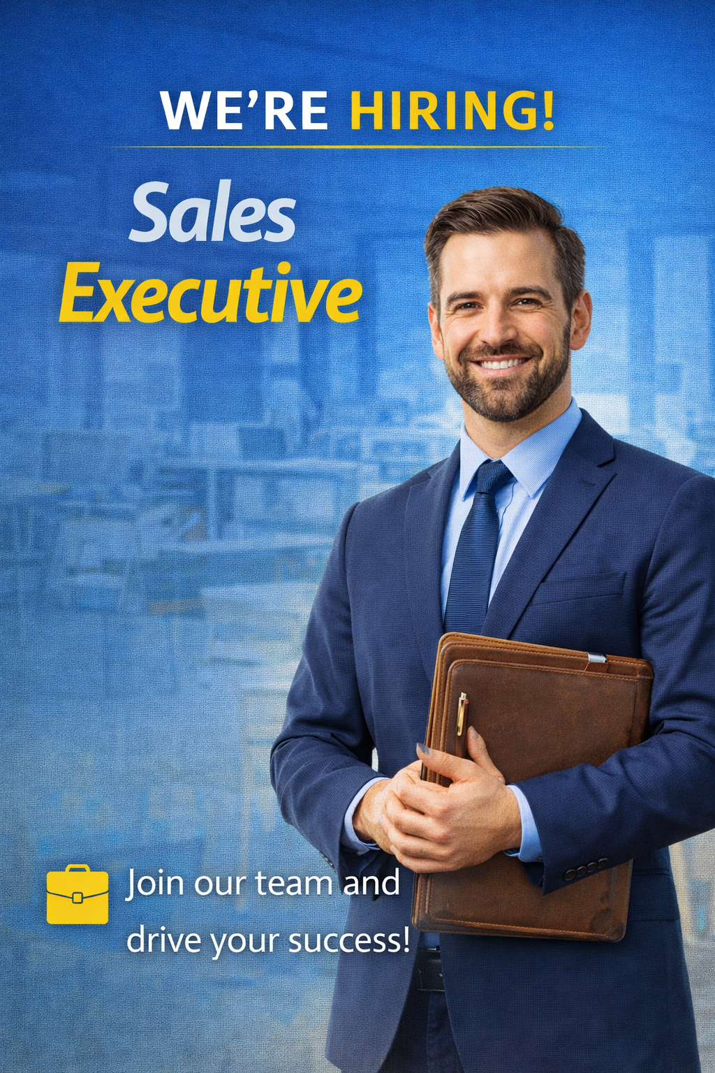 A smiling man in a blue suit holding a brown briefcase on a blue office background. Text overlay says 'We're Hiring! Sales Executive', with a call to action to join the team and drive success.
