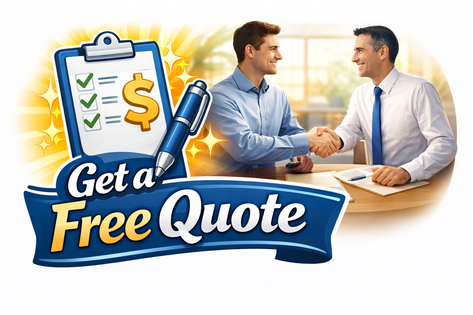 Two men shaking hands in an office, with a promotional graphic overlay reading "Get a Free Quote" and a checklist with a dollar sign on a clipboard.