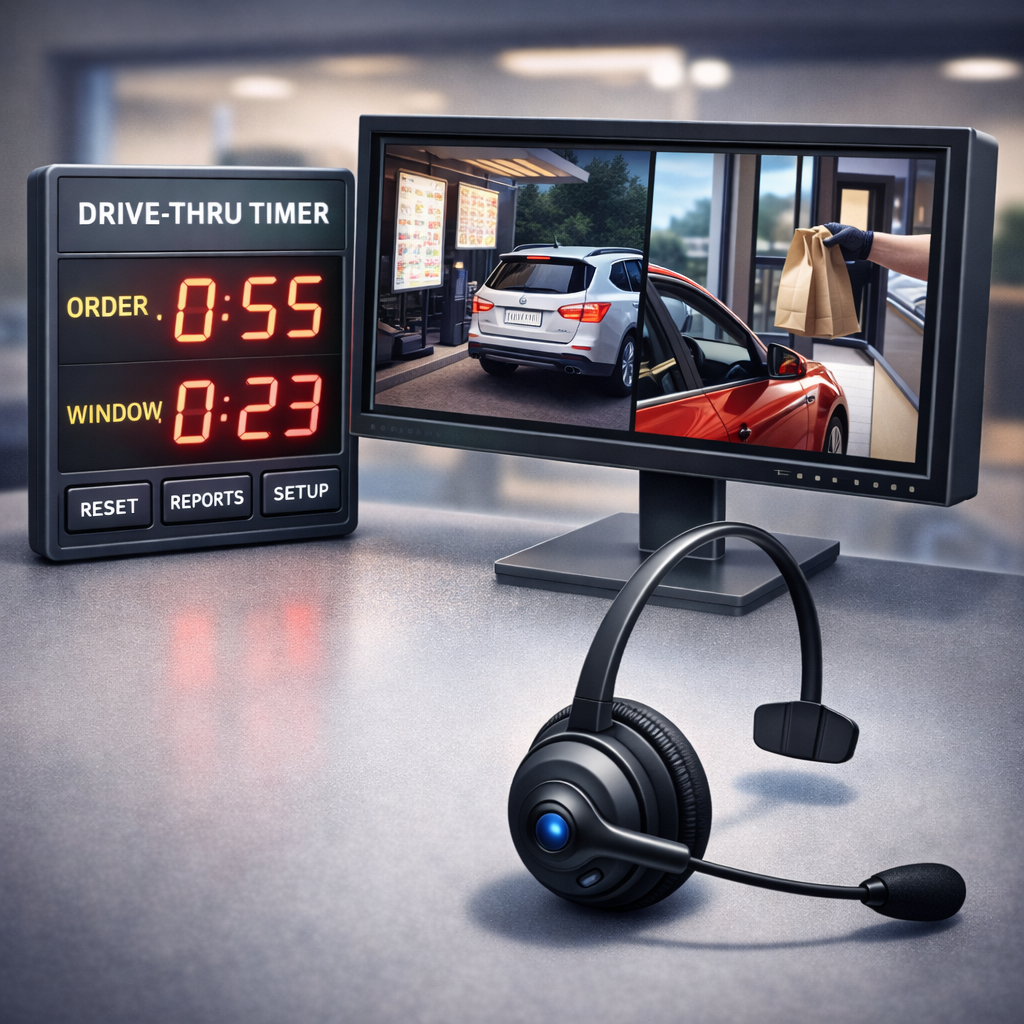 A drive-thru automation setup with a digital timer showing an order wait time of 0:55 and a window wait time of 0:23, a computer monitor displaying a car ordering food, and a headset placed on the table.