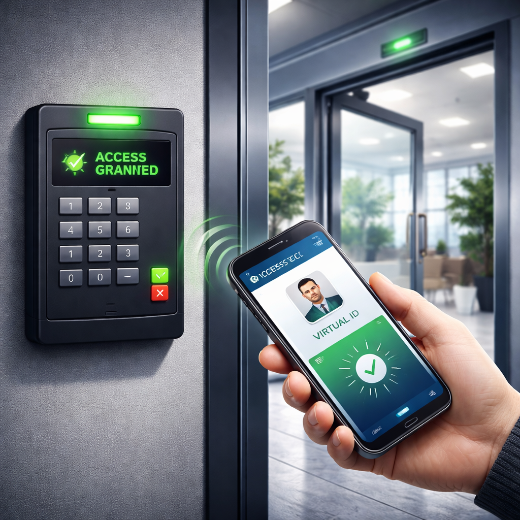 Person using a smartphone with a virtual ID app to gain access through an electronic security turnstile, which displays a message 'Access Granned' and a green check mark.