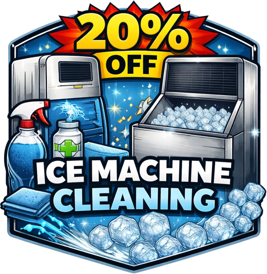 A promotional graphic advertising 20% off on ice machine cleaning services. The image features illustrations of an ice machine, cleaning spray, spray bottle, cloths, and ice cubes, with a vibrant background and bold text.