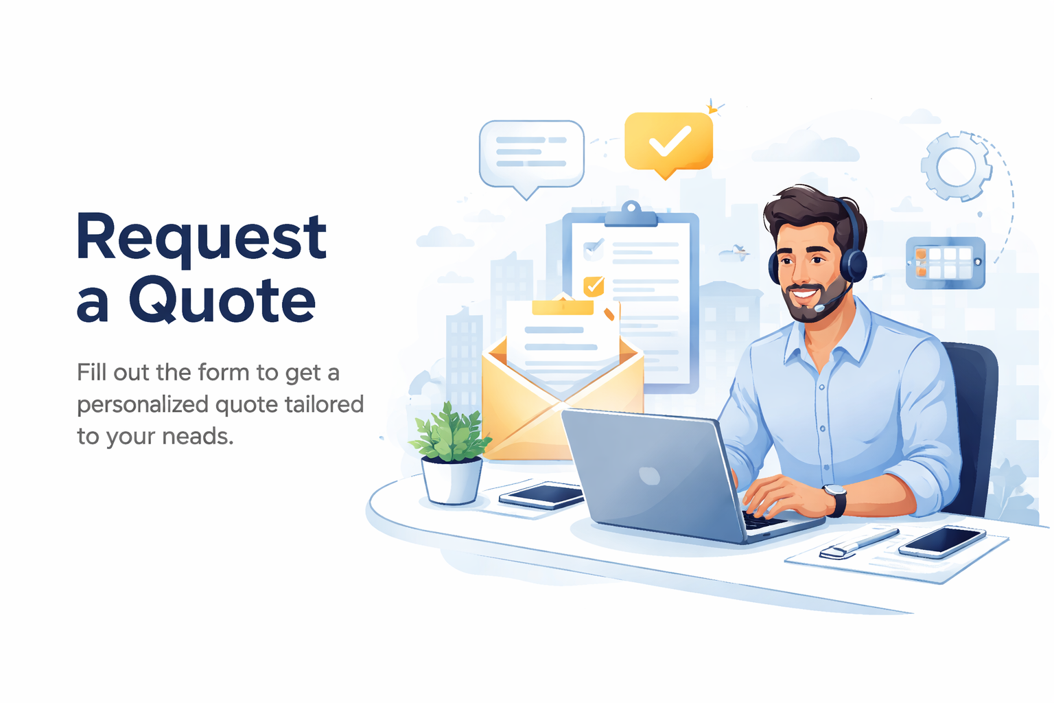 Illustration of a man with headphones working on a laptop with a request quote form, email icon, checklist, and chat bubble in a city background, promoting request a quote service.