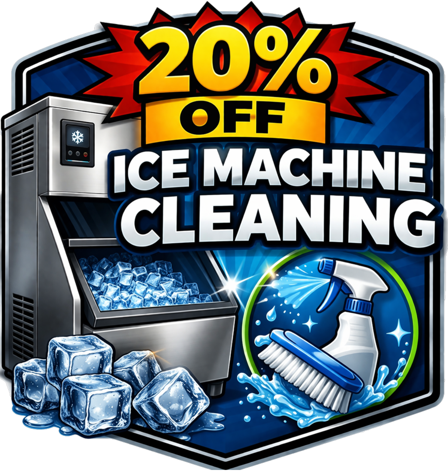 A promotional advertisement offering 20% off on ice machine cleaning, featuring an ice machine with ice cubes, a spray bottle, a cleaning brush, and splashes of water.