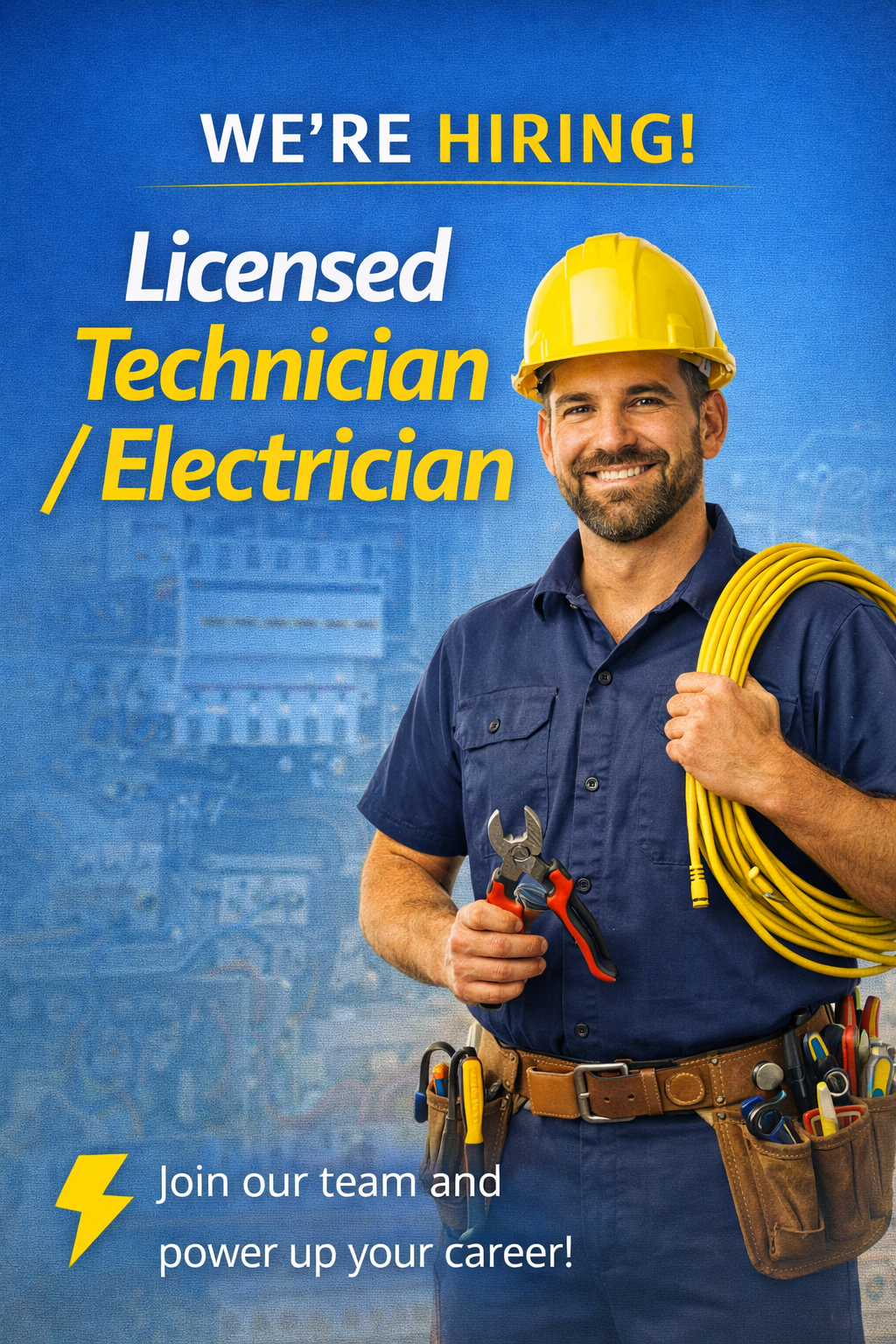 A smiling man wearing a yellow safety helmet and blue work shirt, holding a yellow coiled cable and a pair of pliers. He has a tool belt with various tools. The background shows construction and electrical panels, with text that reads 'We're hiring! Licensed Technician / Electrician. Join our team and power up your career!'