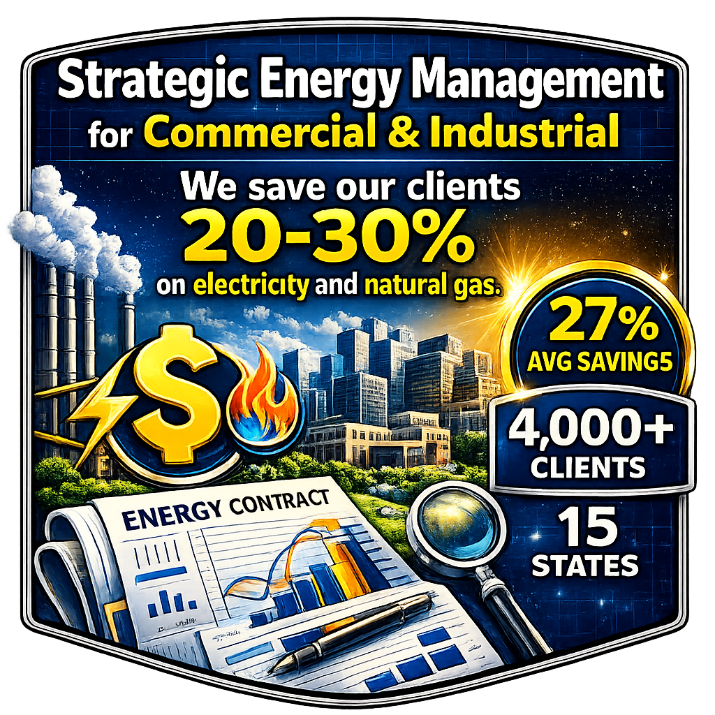 Promotional graphic for a strategic energy management service for commercial and industrial clients, highlighting savings of 20-30% on electricity and natural gas, with 4,000+ clients across 15 states, featuring images of industrial smoke, city skyline, energy contract documents, and energy-related symbols.