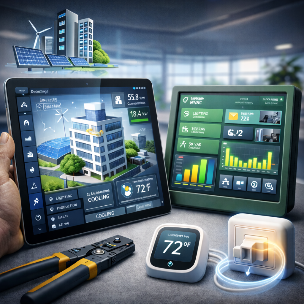 Smart building management system with tablets displaying energy usage, temperature, and building analytics, including solar panels, wind turbines, and green trees in the background.