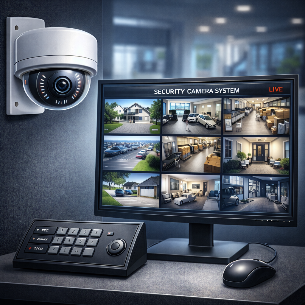 Security camera system monitoring multiple indoor and outdoor locations on a computer screen.